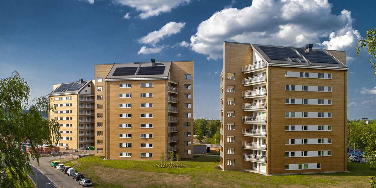 Residential area with high-rise buildings with wooden frames in Skövde, Sweden